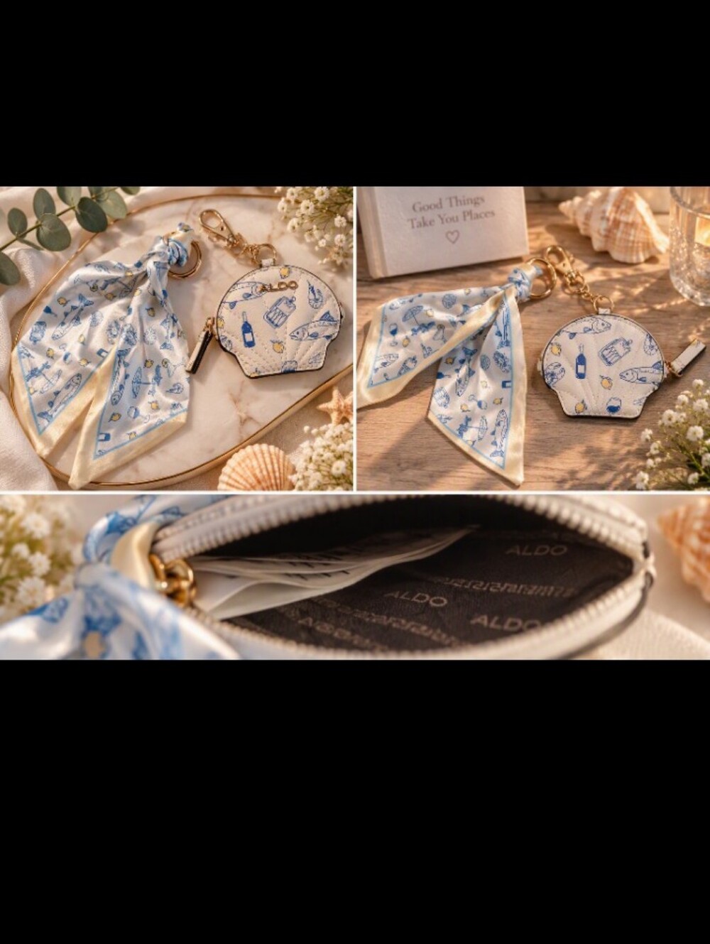 Aldo Blue & Cream Printed Scarf Keychain with Coin Pouch NWOT